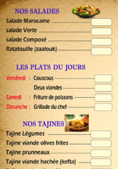 Menu Chez Yasmine - Les salades, plats et tajines, ...