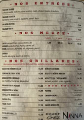 Menu Chez Nina - Les entrées, mezzés et grillades