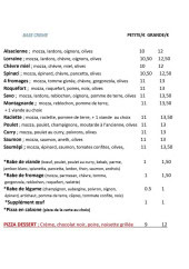 Menu Pizzeria des Chats - Les pizzas crèmes