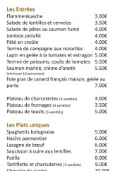 Menu L’auberge des petits - les entrées et plats