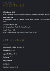 Menu Lounge bar M. CHARLES - Les mocktails et spiritueux