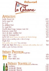 Menu La Cabane - les apératifs , bières...