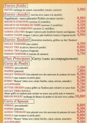Menu Allo Indes - Les entrées et les plats principaux au curry