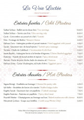 Menu La Voie Lactee - Les entrées froides et chaudes