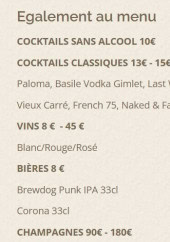 Menu Arbane - Les cocktails sans alcools, cocktails classiques et vins,...