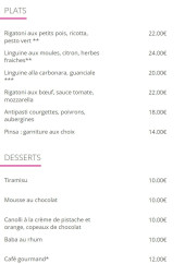 Menu Gioia - Les plats et desserts