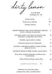 Menu Dirty Lemon - Cuisine