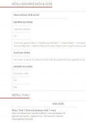 Menu Les Délices Du Kashmir - Les menus