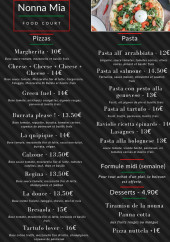 Menu Food Court - Les pizzas, pates et desserts,...