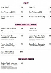 Menu Mama Shelter - Eaux, softs, eau alcoolisées,...