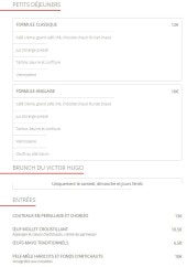 Menu Le Victor Hugo - Les petits déjeuners, entrées et le brunch