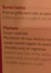 Menu Buzkashi - Borani kadoo et mashawa