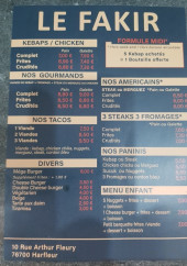 Menu Le Fakir - Les kebabs, tacos et paninis,..
