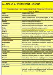 Menu Lasagna - Les pizzas et autres informations
