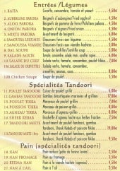 Menu Délice de Agra - Les entrées, les specialites, les plats...