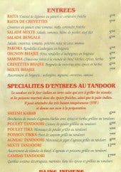 Menu Taj mahal - Les entrées, pains indiens et spécialités au Massala