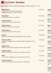 Menu Punjab Indien - Entrées