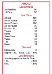 Menu Ahkadi - Les entrées, plats, desserts et boissons