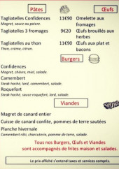 Menu Aux Confidences - Les pates, burgers et viandes, ...