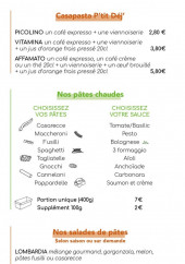 Menu Casapasta - Les pâtes chaudes, salades de pâtes, ...