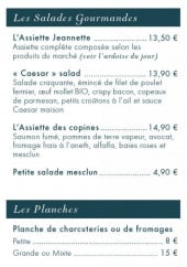 Menu Bistrot Jeannette - Les salades, planches, soupe du jour et burgers