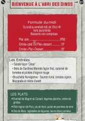 Menu Abri des Dinos - Formule midi, entrées, plats,...