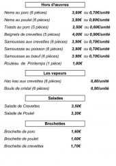 Menu Plats à emporter Paul Nguyen - Les hors d' oeuvres, vapeurs, salades et brochettes