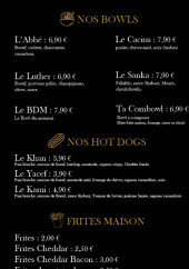 Menu Shabazz - Bowls , hot dogs et frites