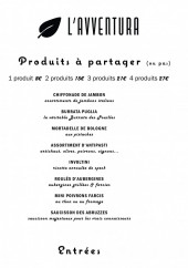 Menu L'Avventura - Les produits à partager, entrées