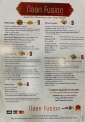 Menu Naan Fusion - Les burgers, sandwichs et tacos,...
