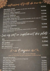 Menu Palais Indien - Les poissons, riz et biryani,....
