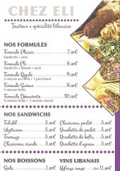 Menu Chez Eli - Formules, sandwichs,boissons,....