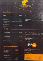 Menu Thieb House - Les entrées, plats et accompagnements, ...