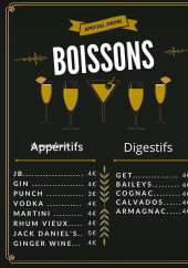 Menu Claudette - Les apéritifs, digestifs, ...