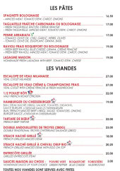 Menu Monte Carlo Bar - Les pâtes, viandes, ...