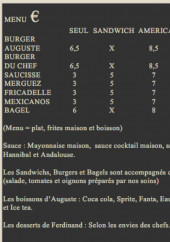 Menu Auguste et Ferdinand - burgers, sandwiches, boissons...