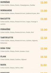 Menu Jim Pizza - les pizzas à base crème  fraîche