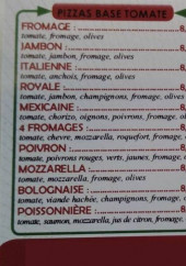 Menu Pizza Alex - Les pizzas base tomate, les pizzas base crème et les boissons 