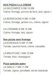 Menu Pizza Plaza - Les pizzas à la crème, sans fromage et les spéciales apéro