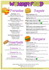 Menu Wonder food - Les formules, bagels sandwiches americain et burgers