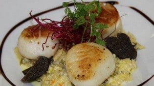 Auberge de Contrevoz - Les noix de saint jacques cuites à la plancha, étuvé de choux vert au lard paysan et râpé de truffes du bugey