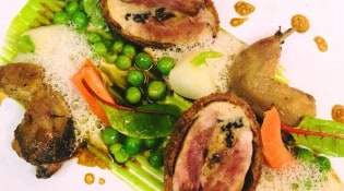 Auberge du cep - Croustillant de caille au petit légumes primeurs et quelques morilles
